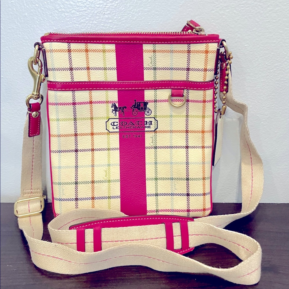 Coach Crossbody Purse: Cream/Pink plaid